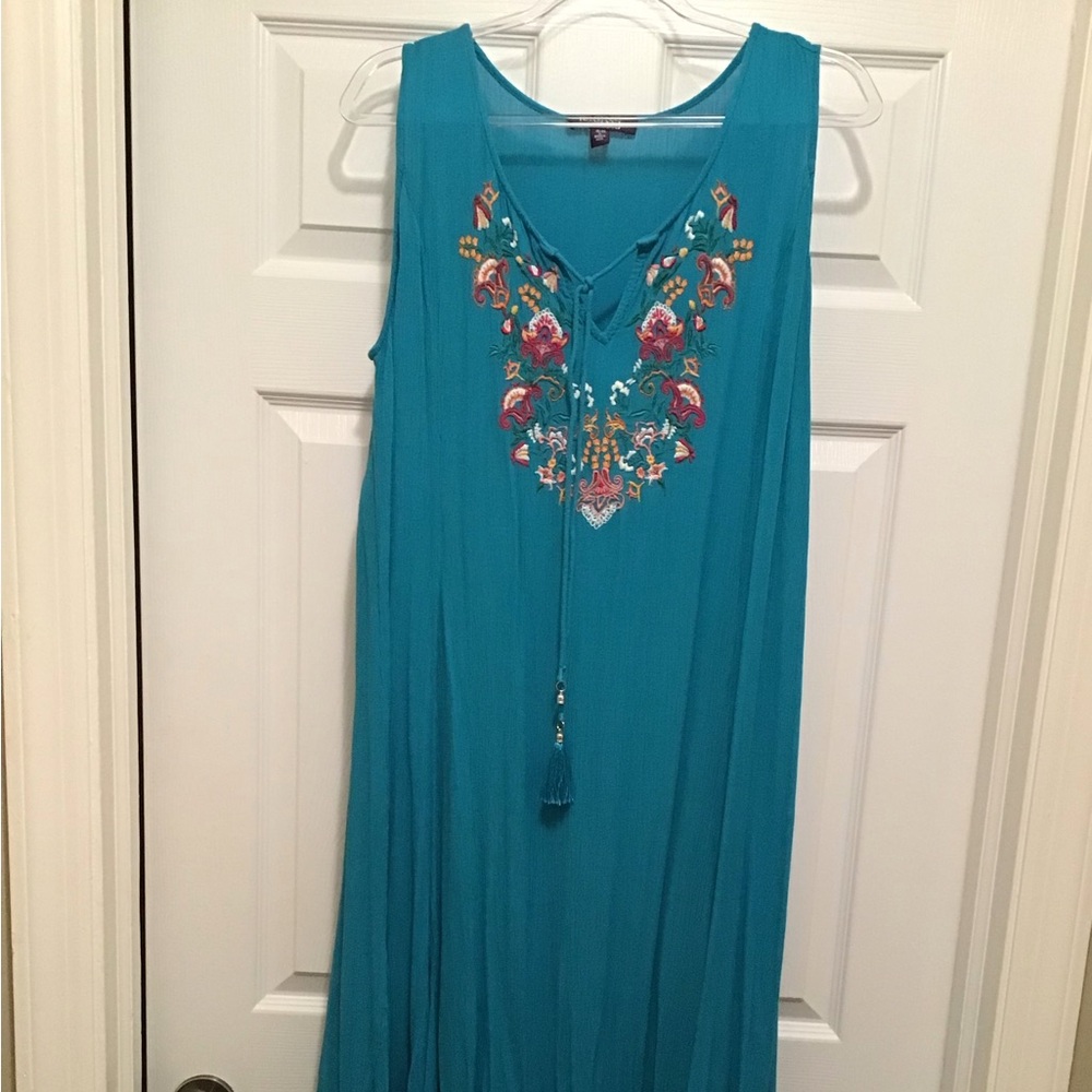 Roaman's Teal Dress with Colorful Embroidery